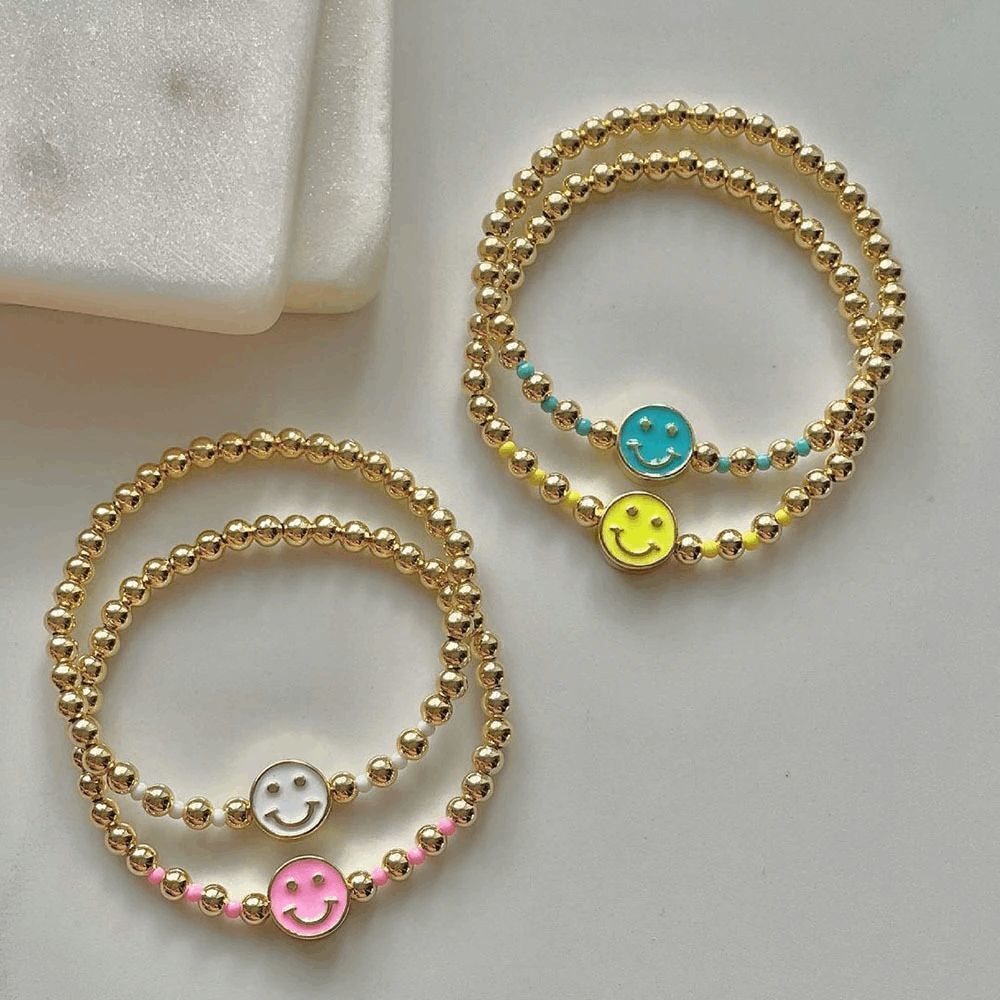 Gold Plated Beaded Smiley Bracelet - Neon Green